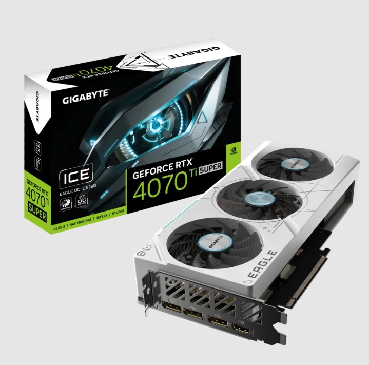  nVIDIA GeForce RTX4070Ti SUPER EAGLE OC ICE 16GB GDDR6<br>Clock: 2640 MHz, 1x HDMI/ 3x DP, Max Resolution: 7680 x 4320, 1x 16-Pin Connector, Recommended: 750W  